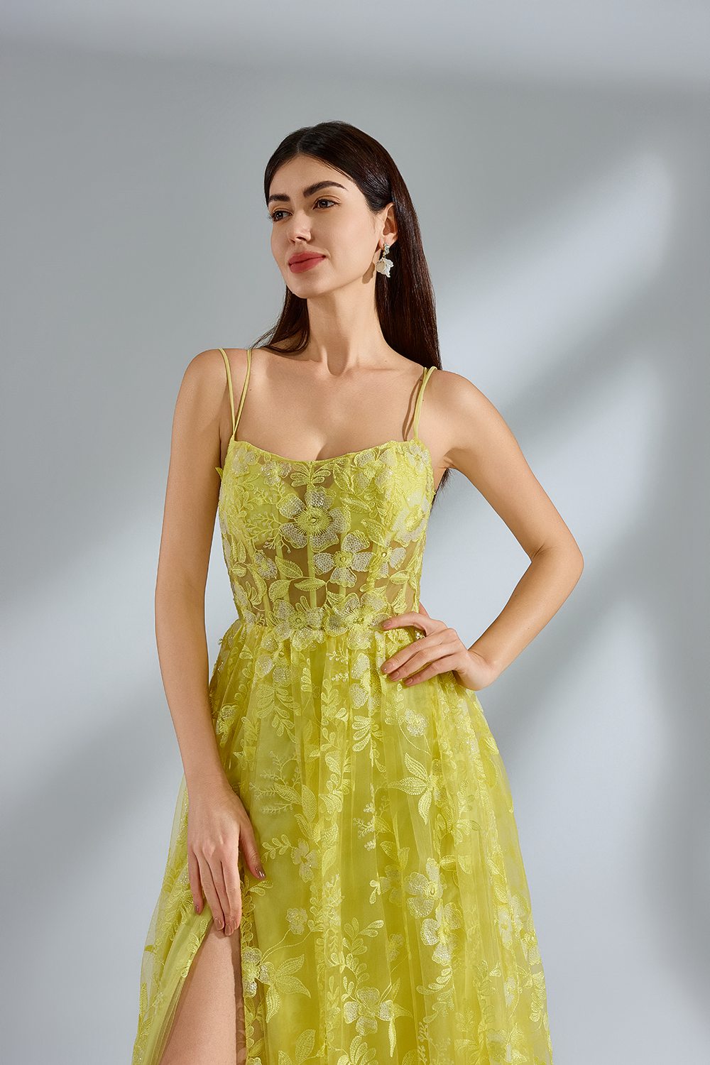 Luxe Yellow Lace Slit Prom Dress Wholesale kt1382