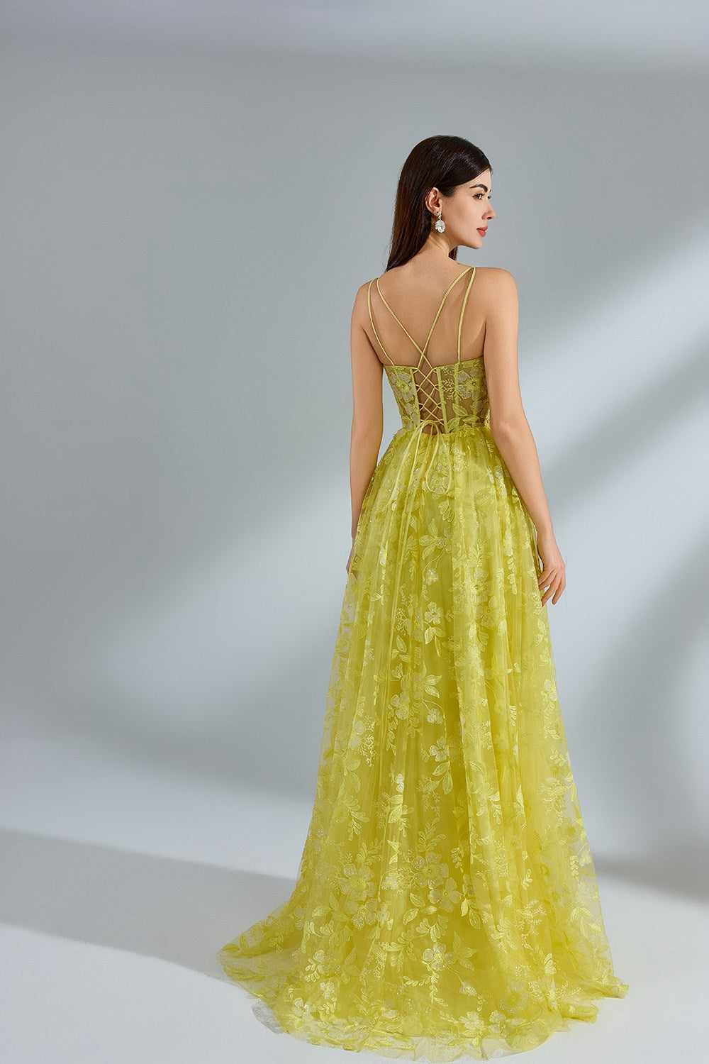 Luxe Yellow Lace Slit Prom Dress Wholesale kt1382