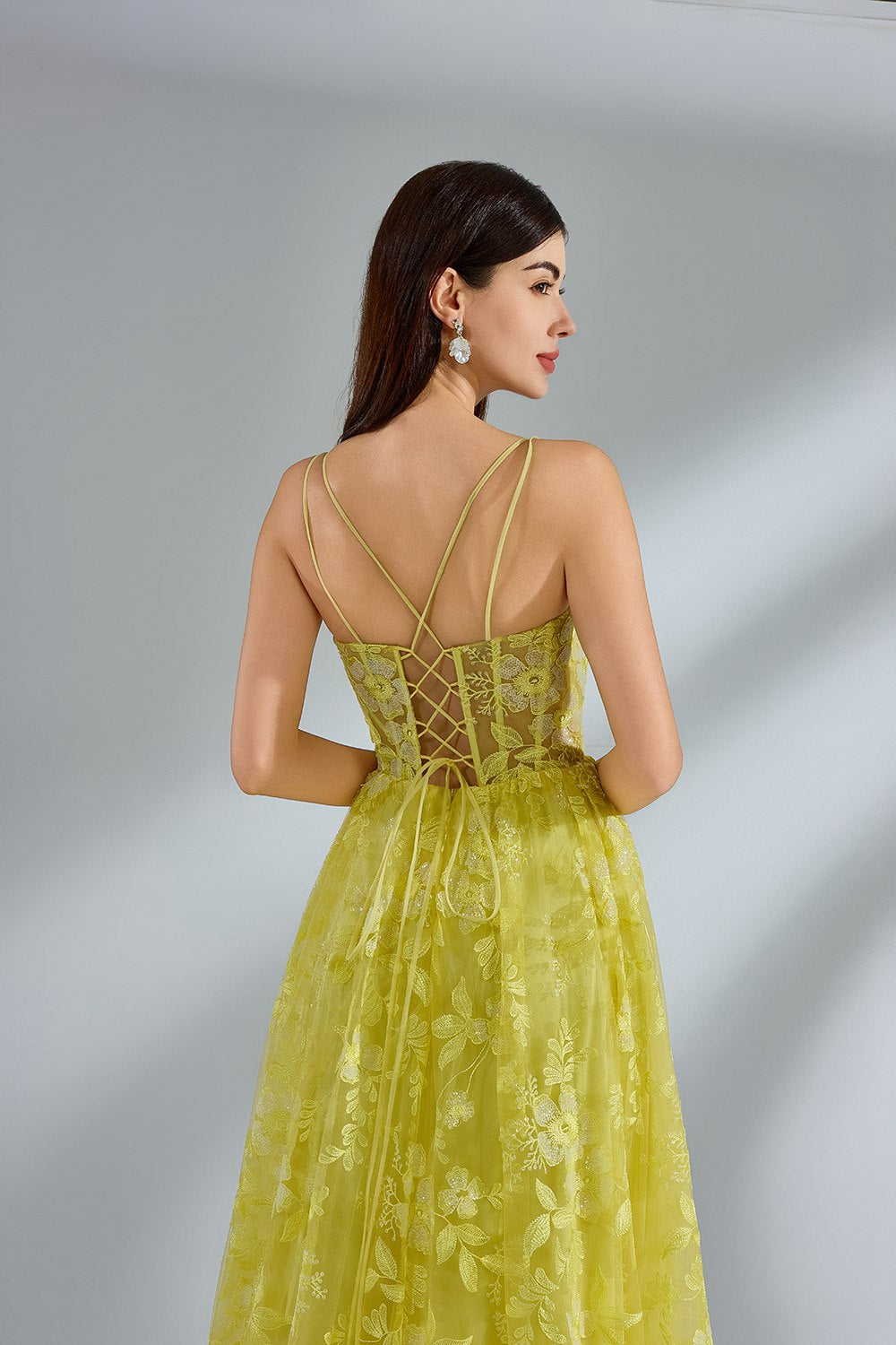 Luxe Yellow Lace Slit Prom Dress Wholesale kt1382