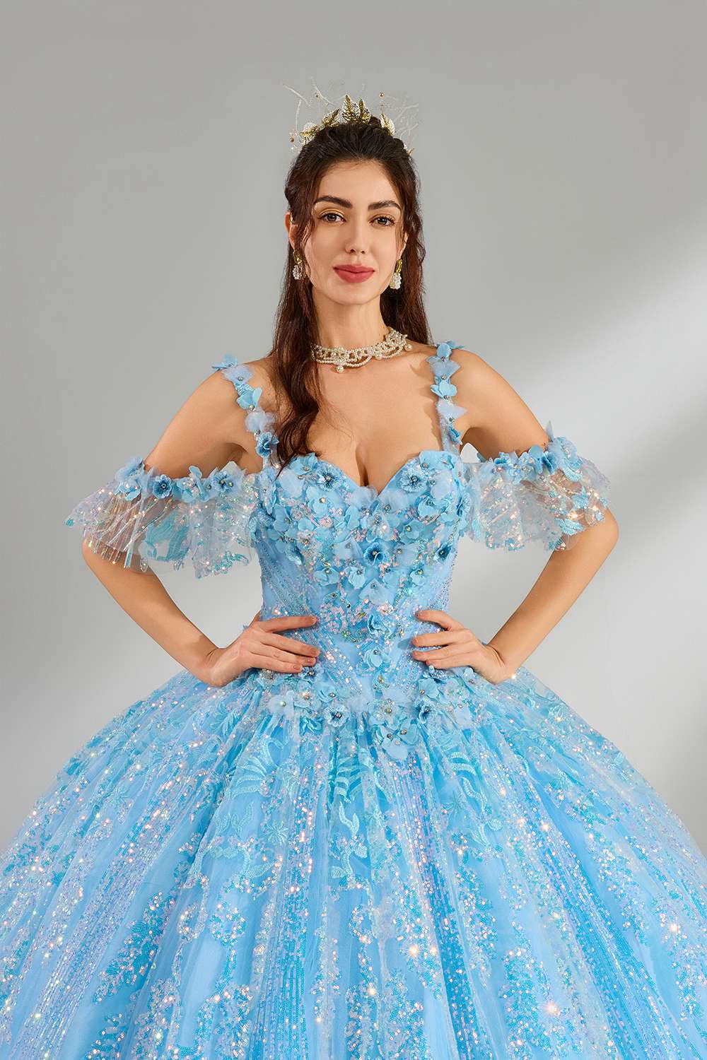 Wholesale Light Blue Floral Quinceanera Ball Gown 32878