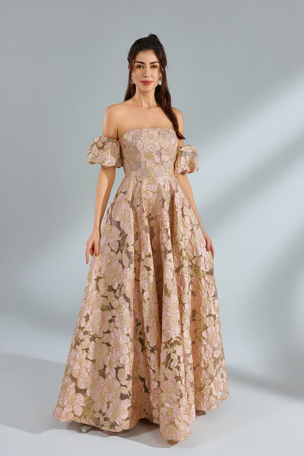 Custom Elegant Off-Shoulder Puff Sleeve Jacquard Ballgown 32962
