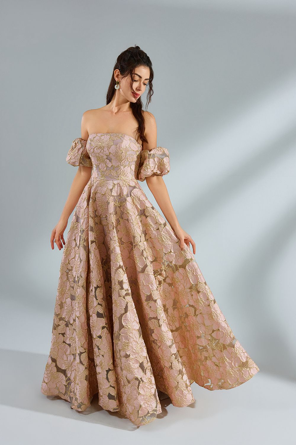 Custom Elegant Off-Shoulder Puff Sleeve Jacquard Ballgown 32962