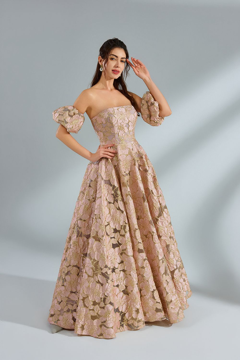 Custom Elegant Off-Shoulder Puff Sleeve Jacquard Ballgown 32962