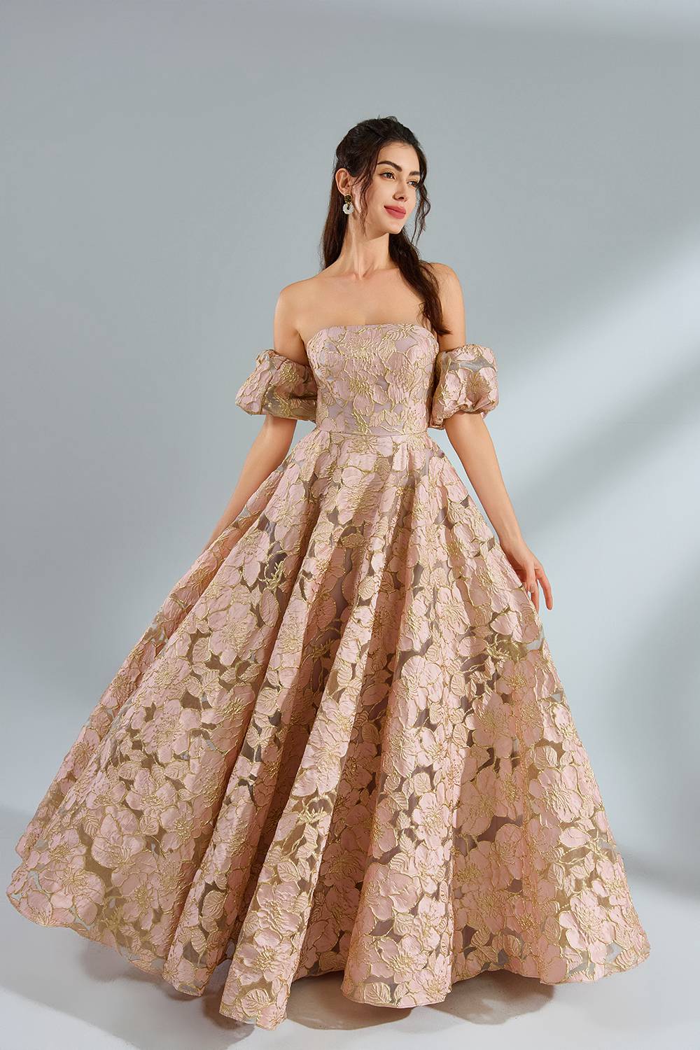 Custom Elegant Off-Shoulder Puff Sleeve Jacquard Ballgown 32962