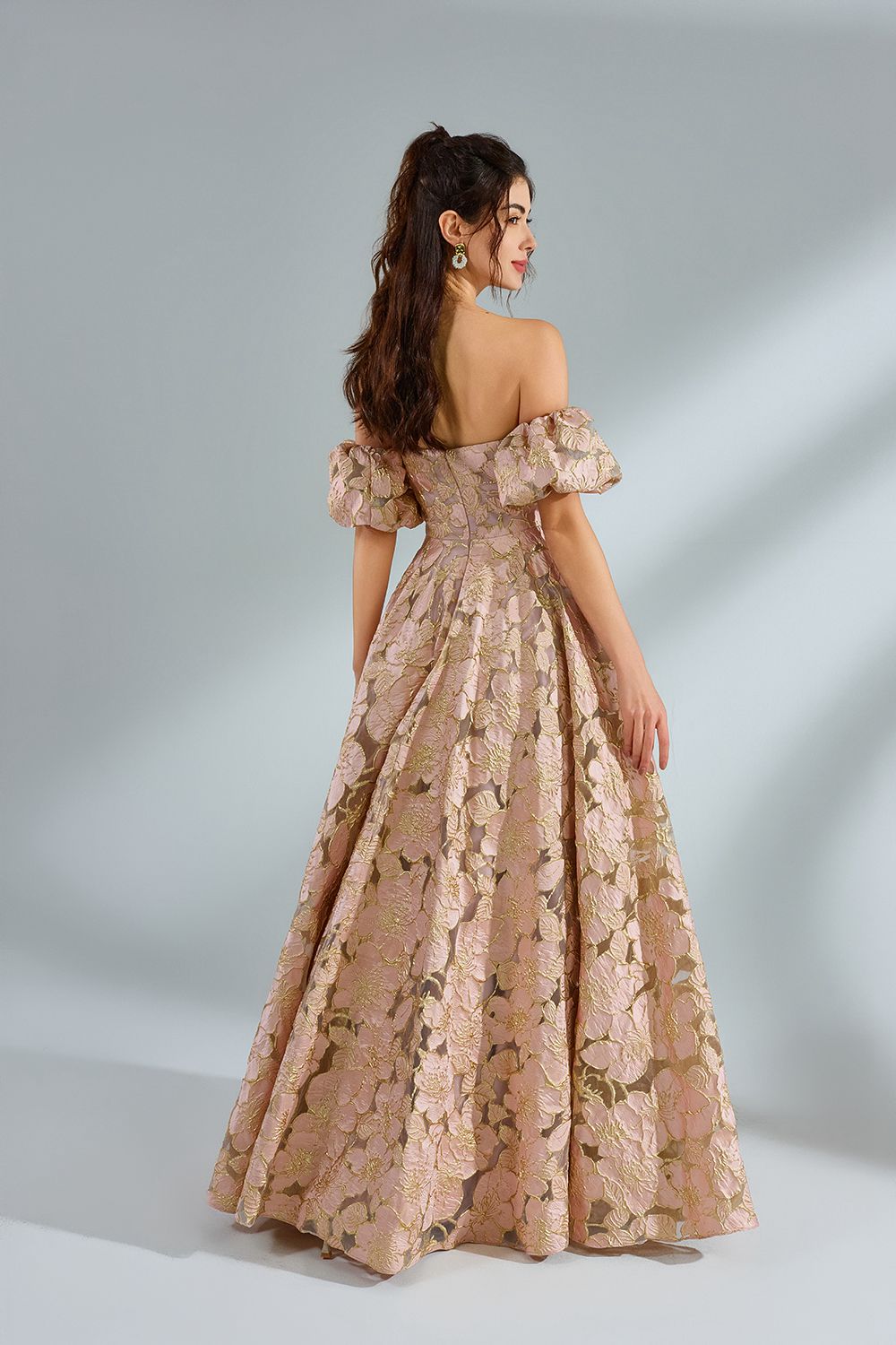 Custom Elegant Off-Shoulder Puff Sleeve Jacquard Ballgown 32962