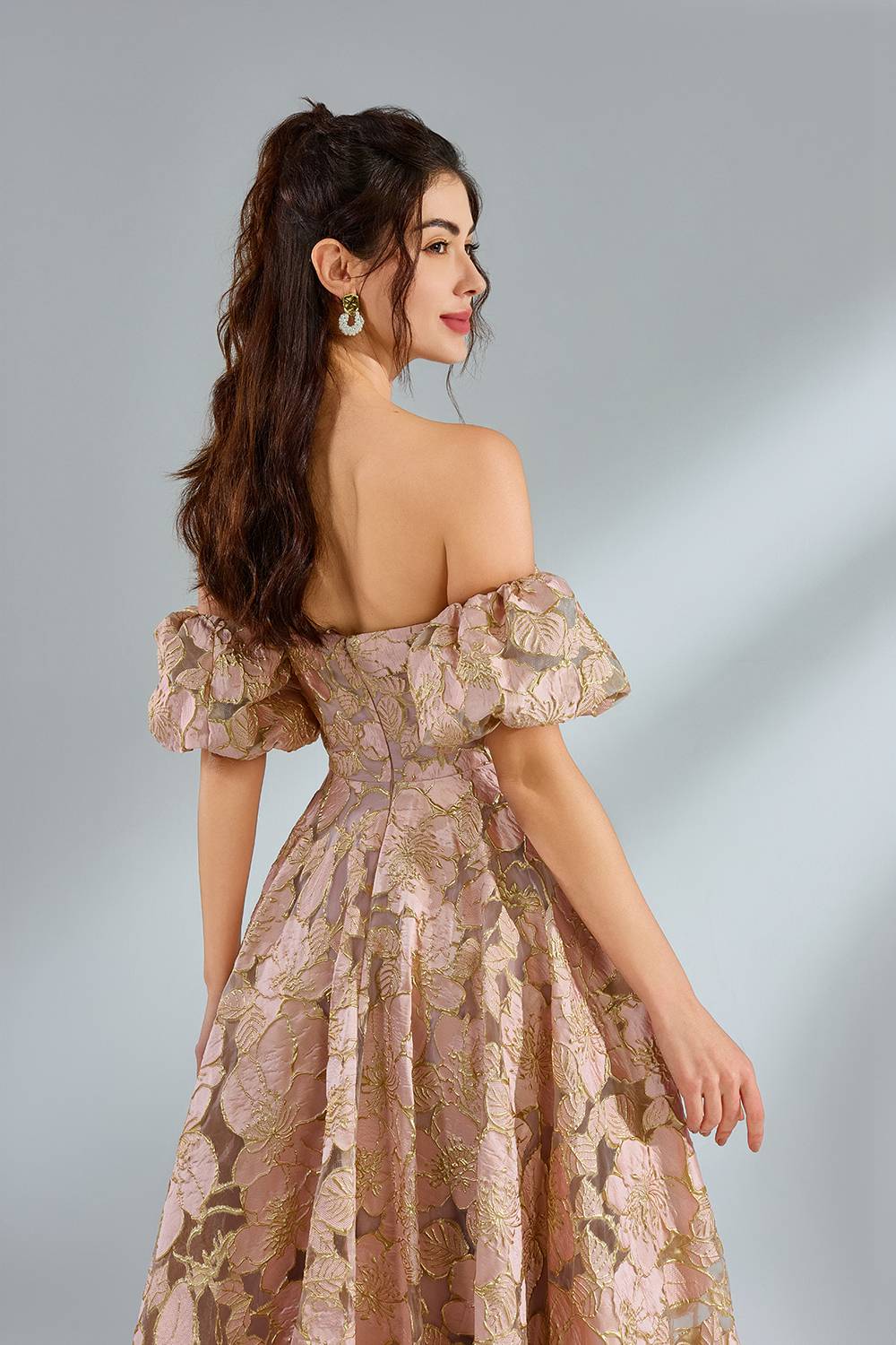 Custom Elegant Off-Shoulder Puff Sleeve Jacquard Ballgown 32962