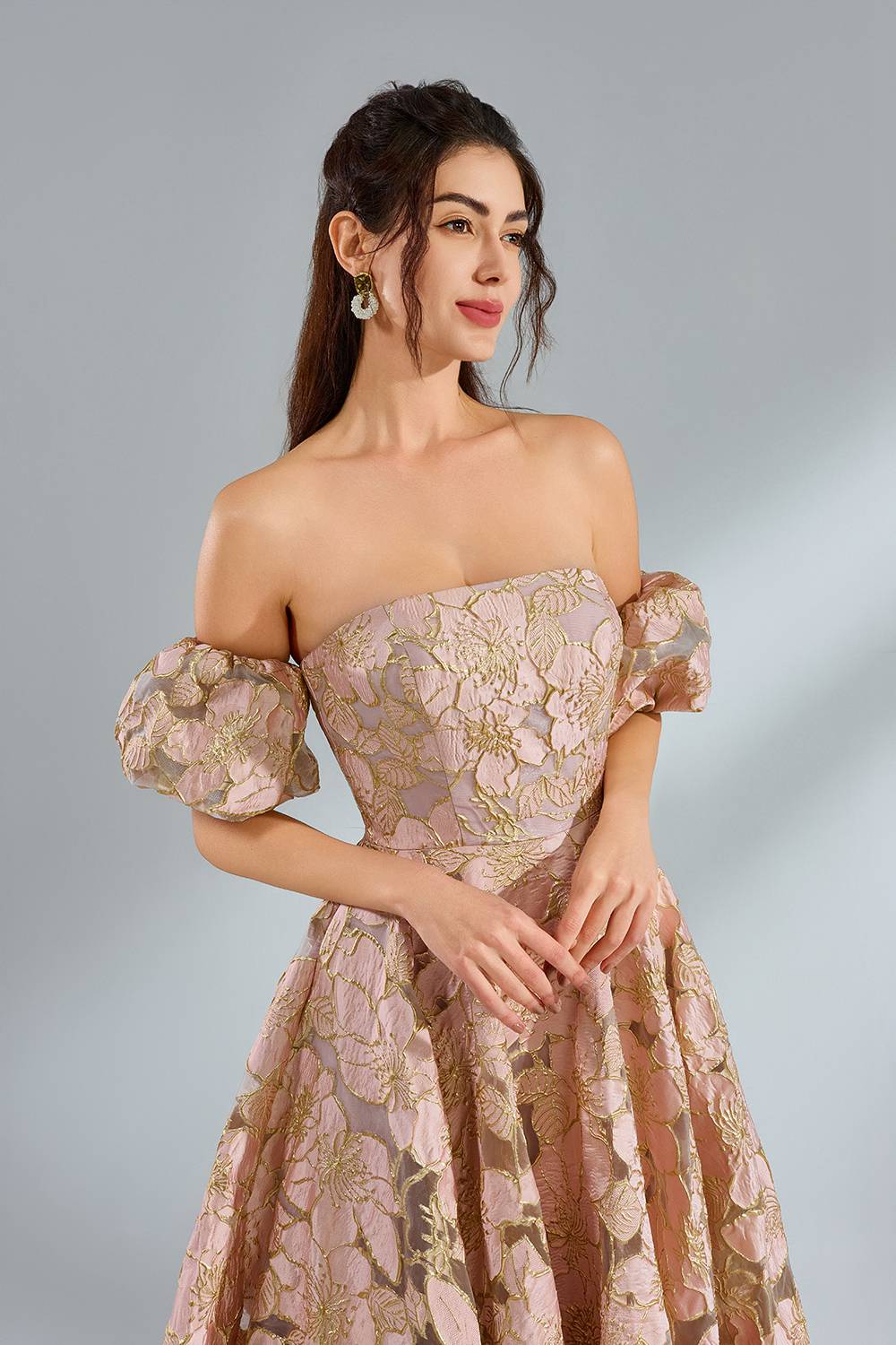 Custom Elegant Off-Shoulder Puff Sleeve Jacquard Ballgown 32962