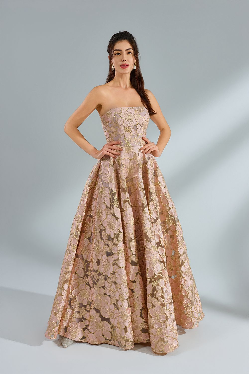 Custom Elegant Off-Shoulder Puff Sleeve Jacquard Ballgown 32962
