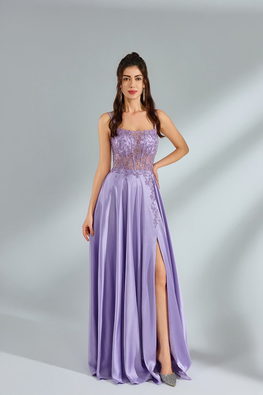 Supplier Elegant Spaghetti Strap Lace Satin Gown 32948