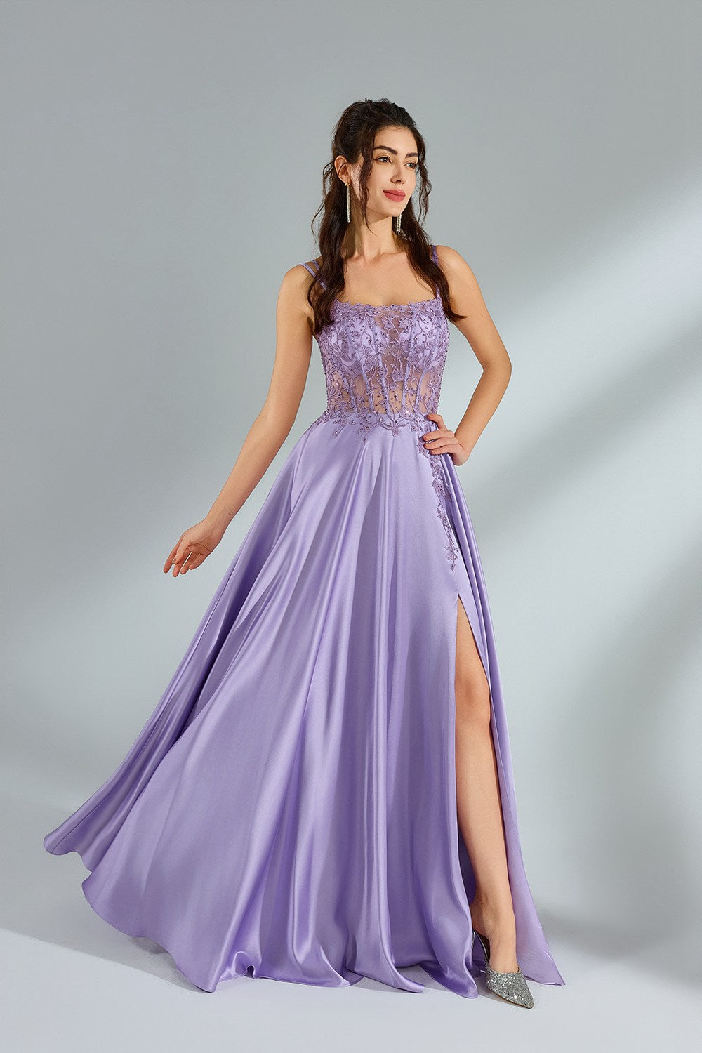 Supplier Elegant Spaghetti Strap Lace Satin Gown 32948