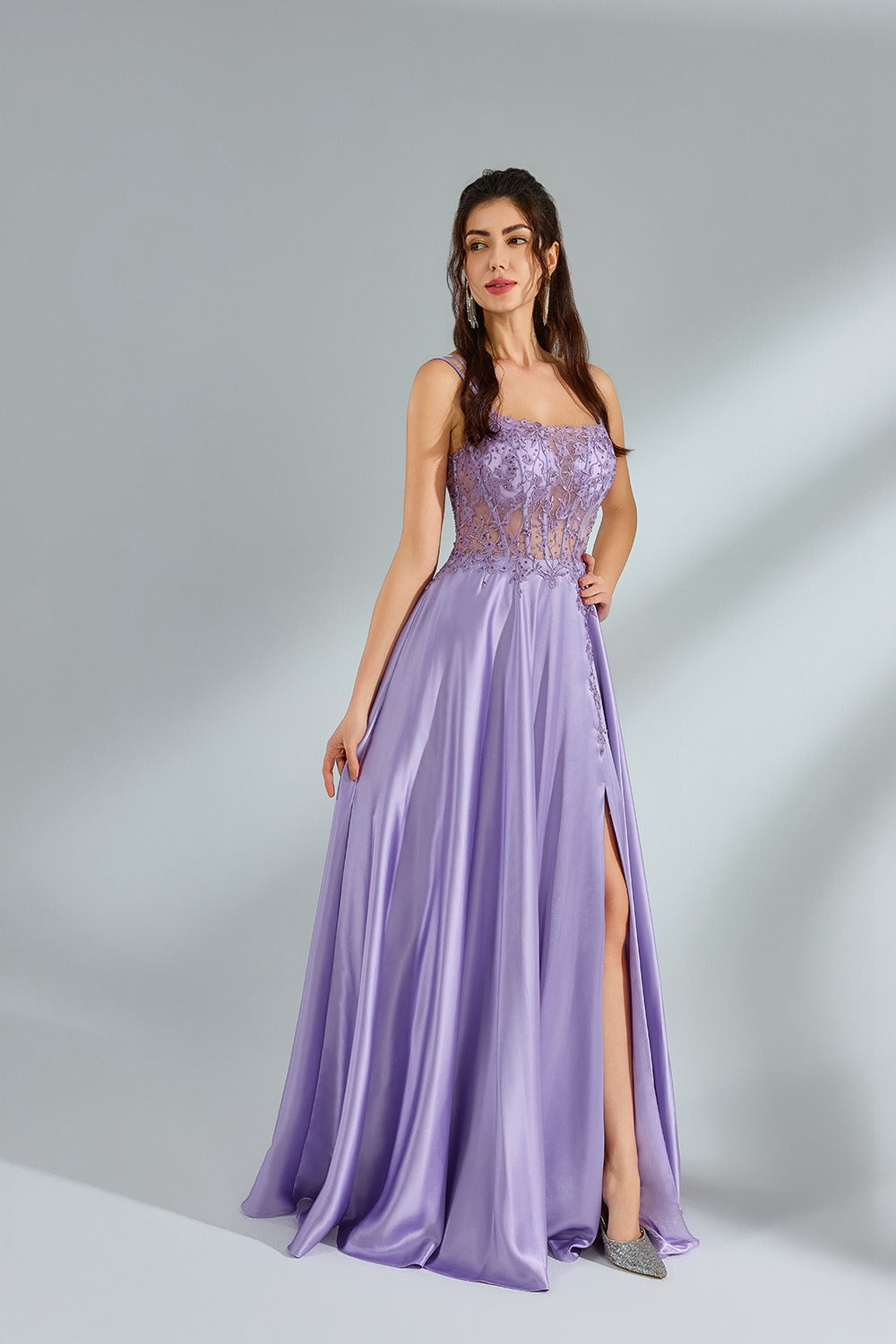 Supplier Elegant Spaghetti Strap Lace Satin Gown 32948