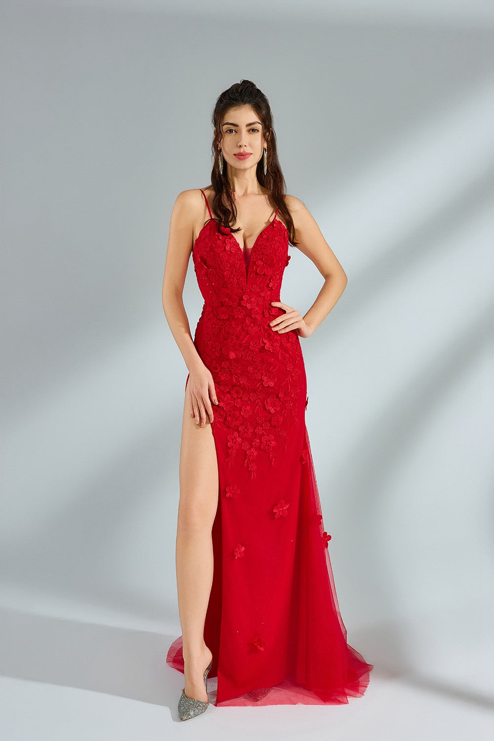 Wholesale Luxe Red Floral Tulle Prom Dress kt1391