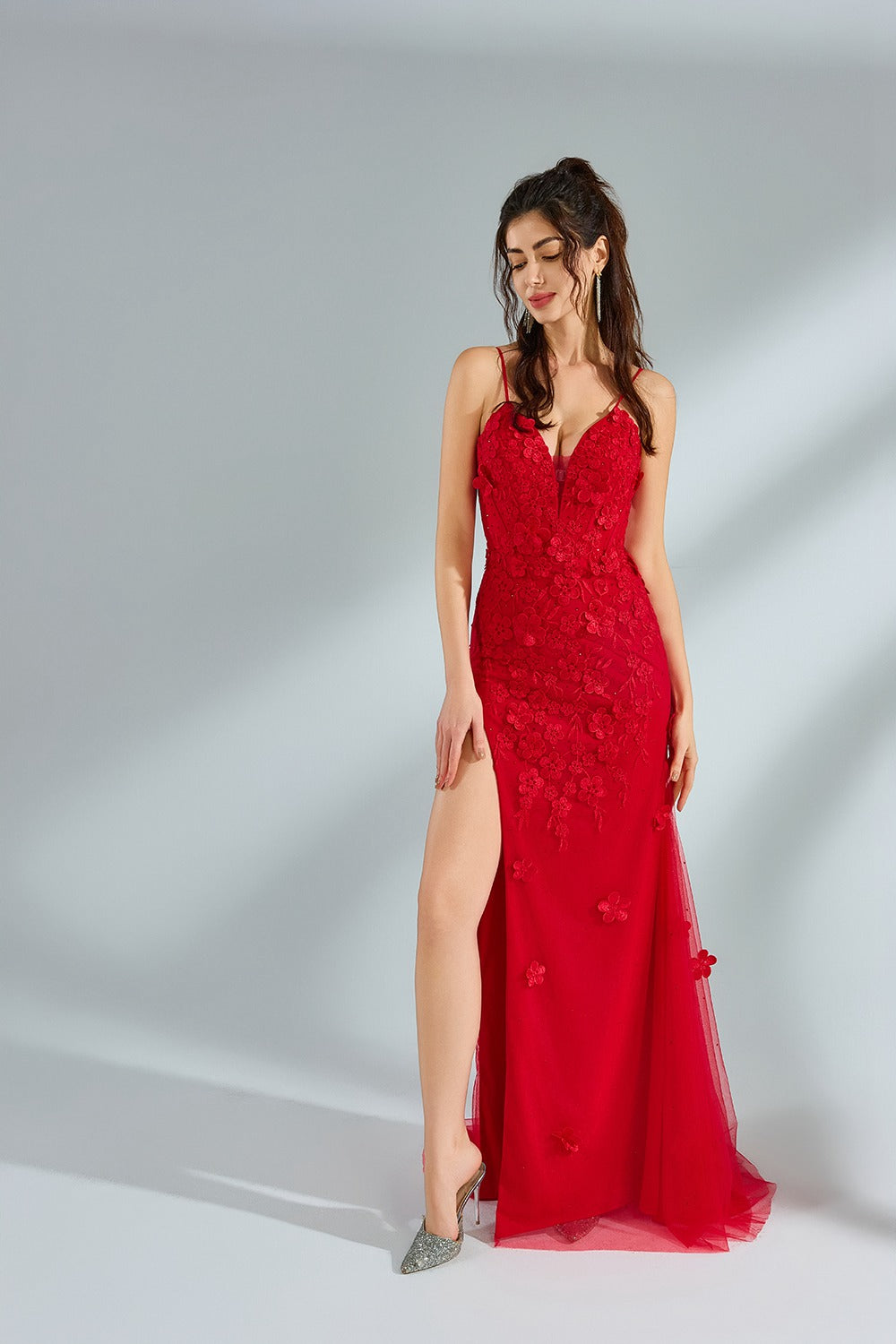 Wholesale Luxe Red Floral Tulle Prom Dress kt1391
