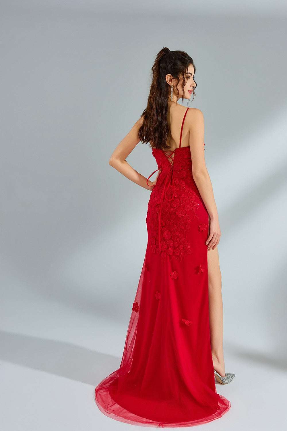 Wholesale Luxe Red Floral Tulle Prom Dress kt1391