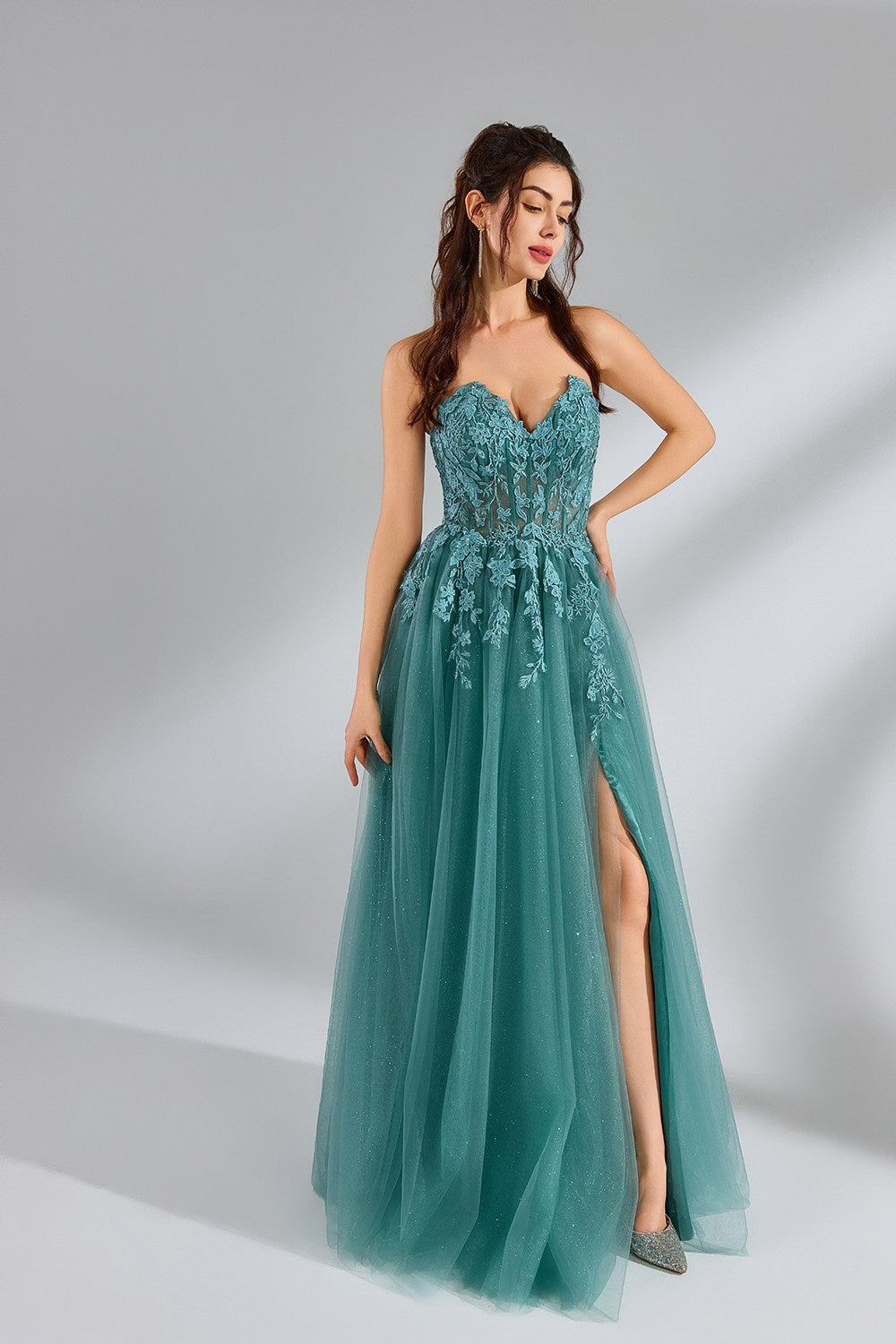 Wholesale Tulle Lace Strapless Slit Prom Dress 32944