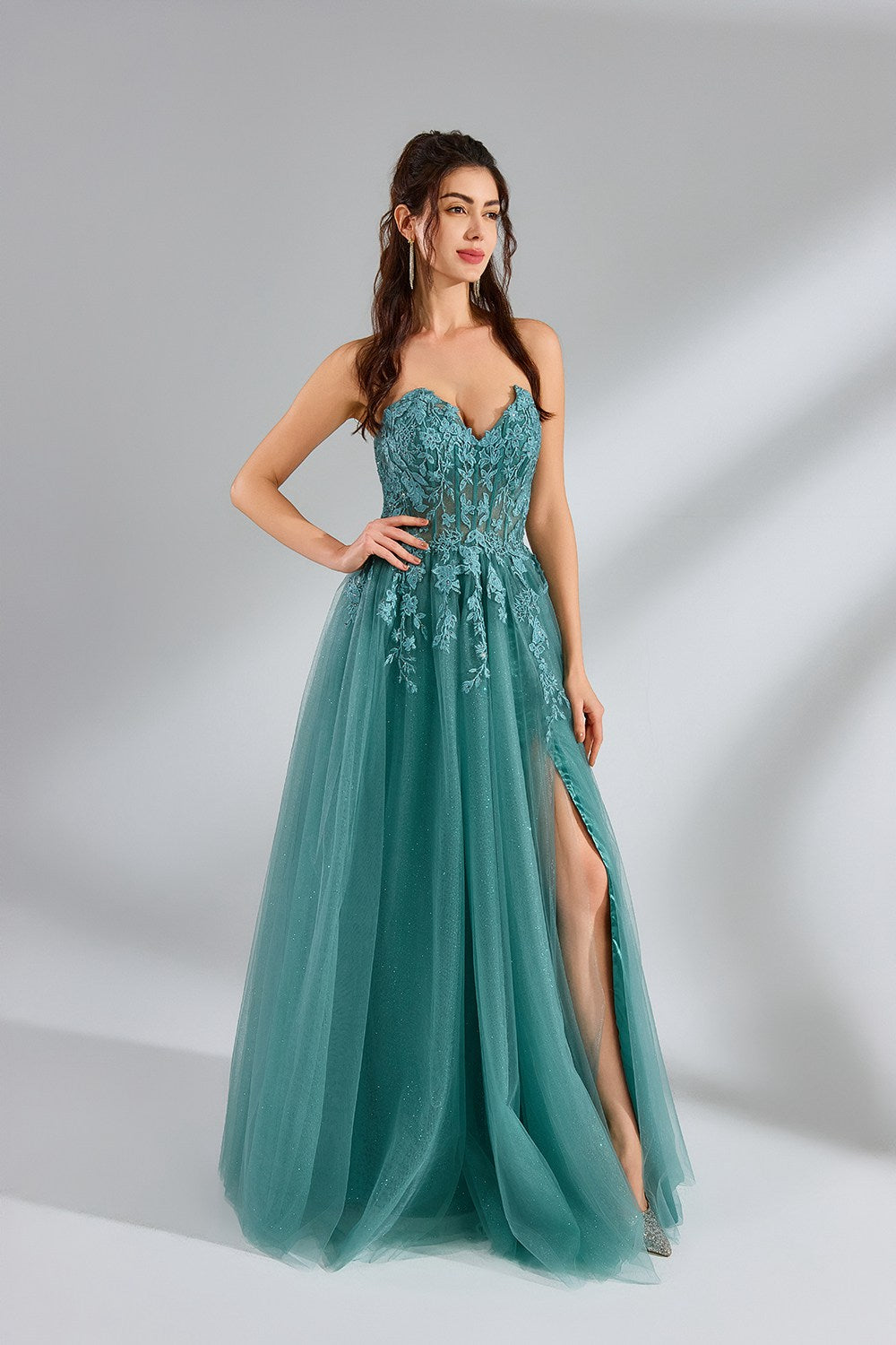 Wholesale Tulle Lace Strapless Slit Prom Dress 32944