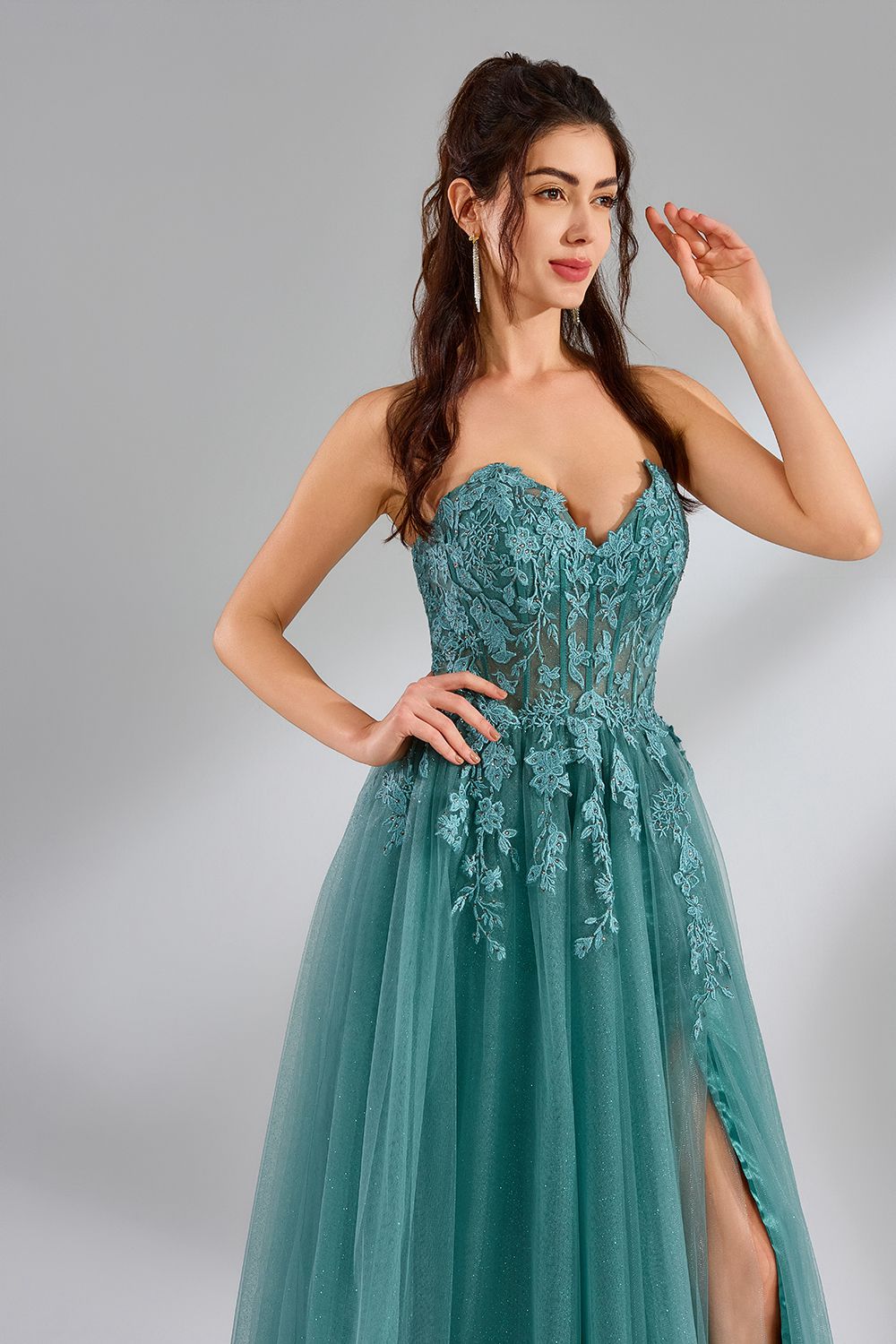 Wholesale Tulle Lace Strapless Slit Prom Dress 32944