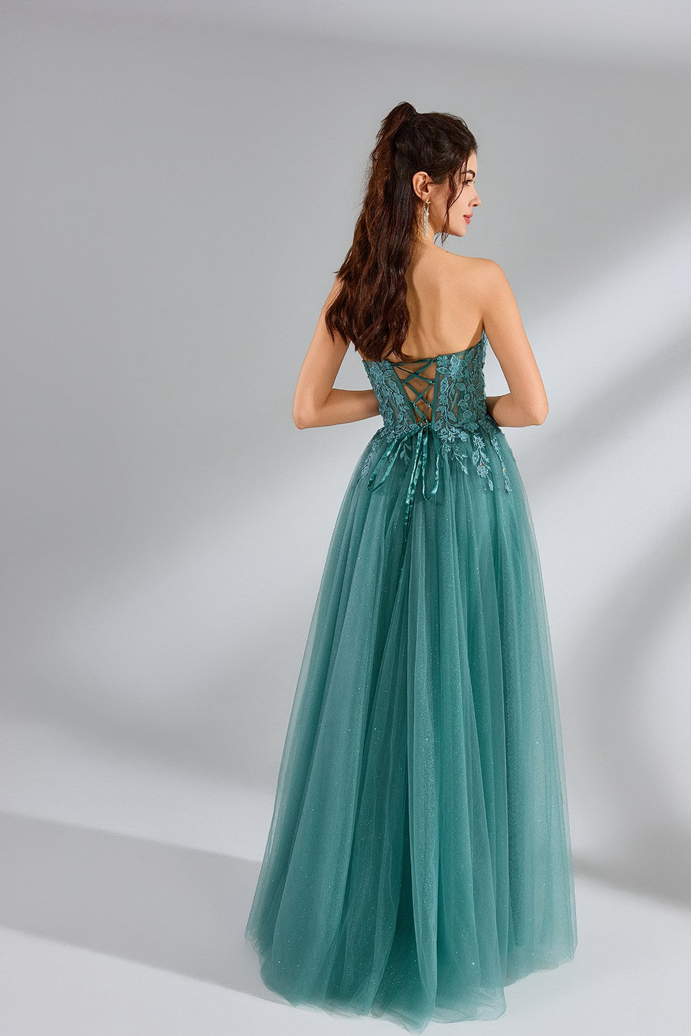 Wholesale Tulle Lace Strapless Slit Prom Dress 32944