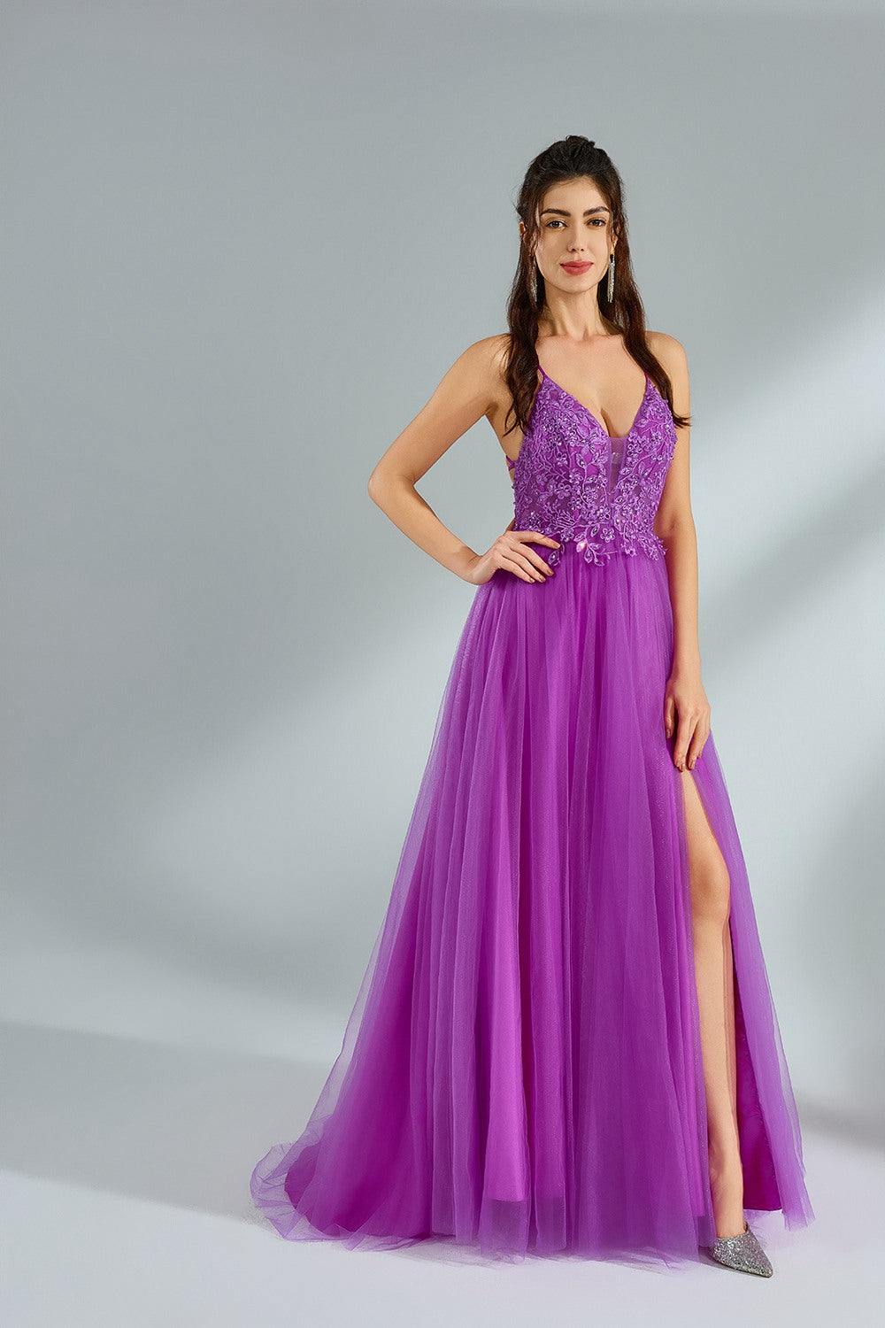 Luxe Purple Lace Slit Prom Dress  Wholesale kt1379