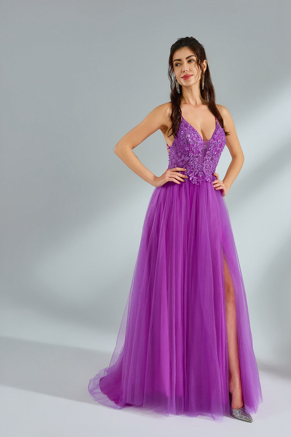 Luxe Purple Lace Slit Prom Dress  Wholesale kt1379
