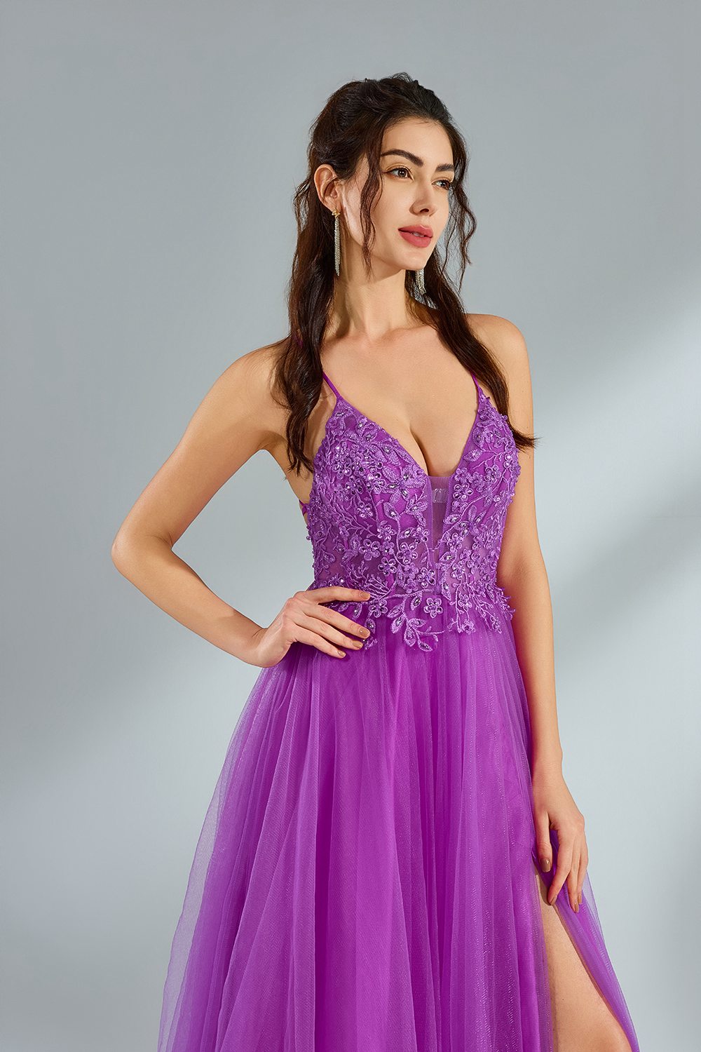 Luxe Purple Lace Slit Prom Dress  Wholesale kt1379