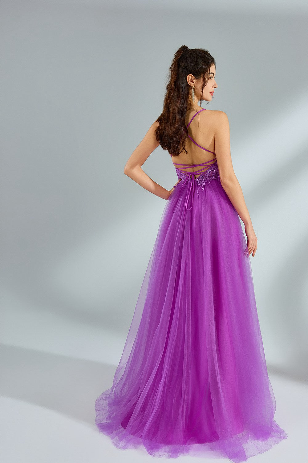Luxe Purple Lace Slit Prom Dress  Wholesale kt1379