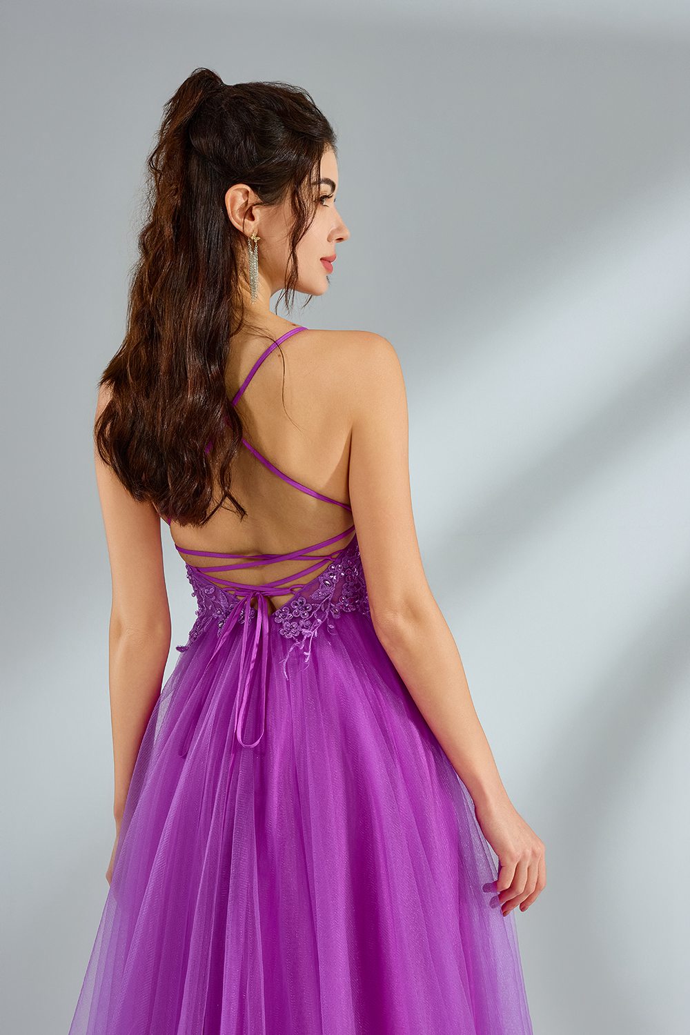 Luxe Purple Lace Slit Prom Dress  Wholesale kt1379