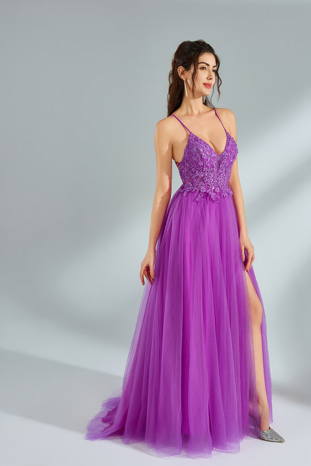 Luxe Purple Lace Slit Prom Dress  Wholesale kt1379