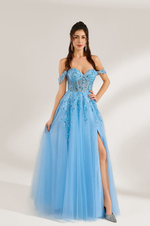 Set against a light backdrop, a woman is clad in a light - blue tulle off - shoulder gown. It boasts a sweetheart neckline, with the bodice embellished by intricate lace embroidery and sequins, and a high side slit. The voluminous tulle skirt, shimmering subtly, lends an elegant and romantic touch, ideal for formal events such as proms or weddings.1