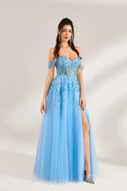 Set against a light backdrop, a woman is clad in a light - blue tulle off - shoulder gown. It boasts a sweetheart neckline, with the bodice embellished by intricate lace embroidery and sequins, and a high side slit. The voluminous tulle skirt, shimmering subtly, lends an elegant and romantic touch, ideal for formal events such as proms or weddings.4