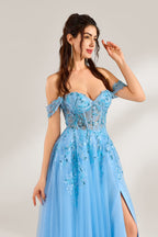 Set against a light backdrop, a woman is clad in a light - blue tulle off - shoulder gown. It boasts a sweetheart neckline, with the bodice embellished by intricate lace embroidery and sequins, and a high side slit. The voluminous tulle skirt, shimmering subtly, lends an elegant and romantic touch, ideal for formal events such as proms or weddings.5