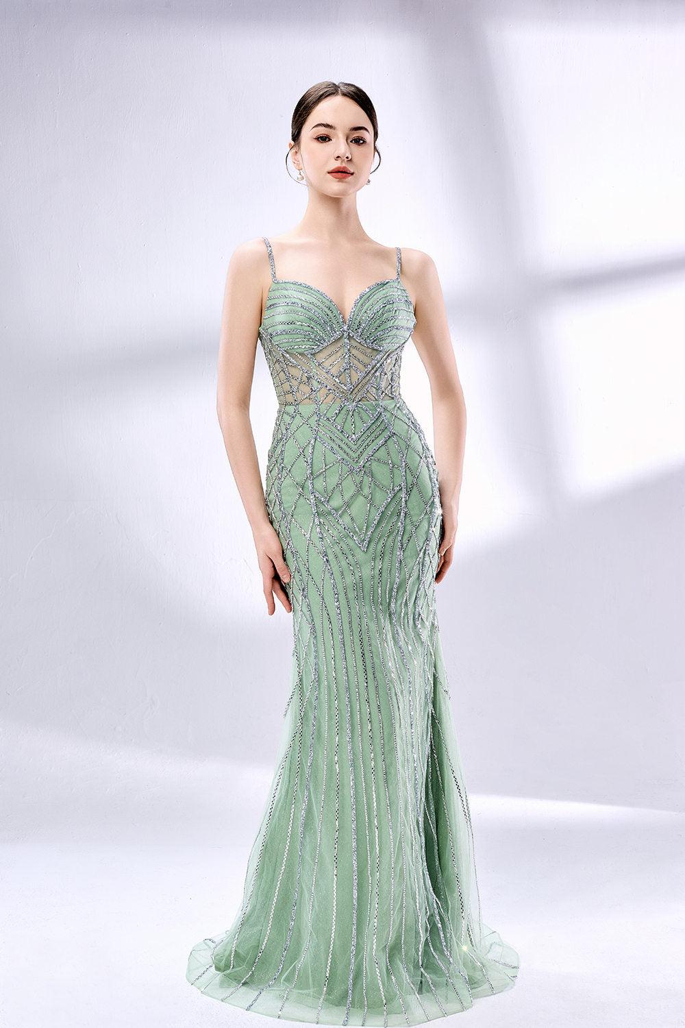 Wholesale Light Green Mermaid Gown with Shimmer Strips 33074