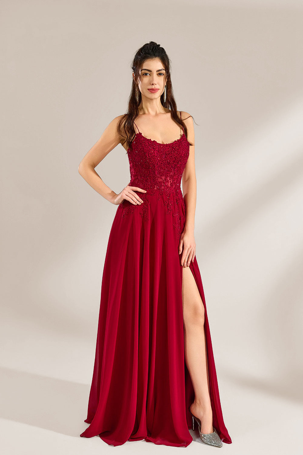 Custom Romantic Spaghetti Strap Lace Chiffon Gown 32947