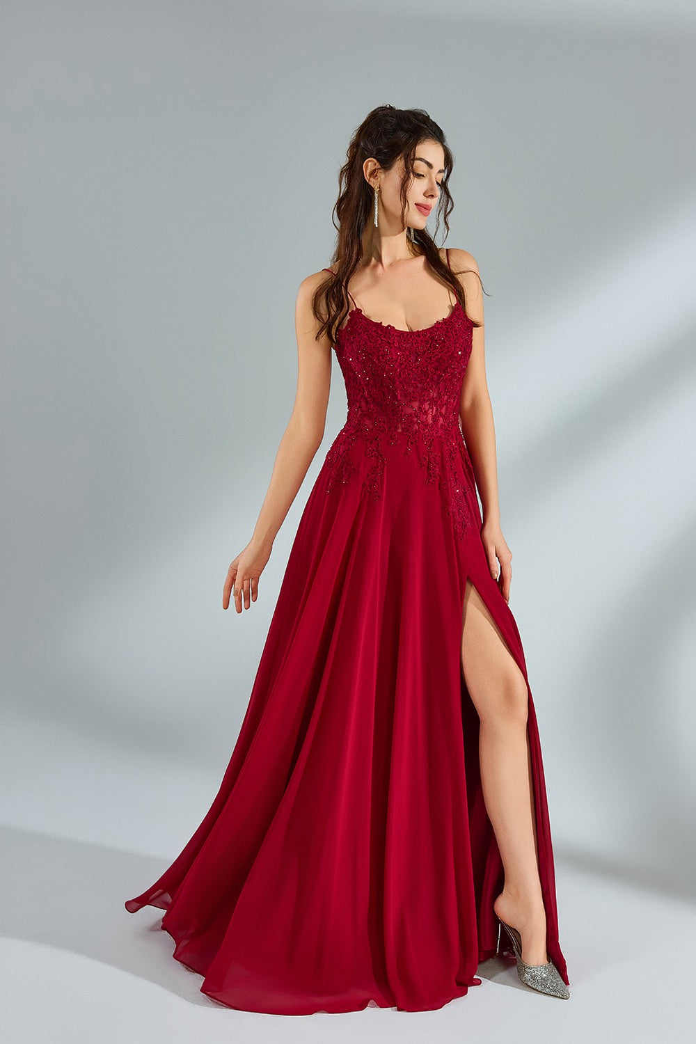 Wholesale Chiffon Lace Petal Slit Prom Dress