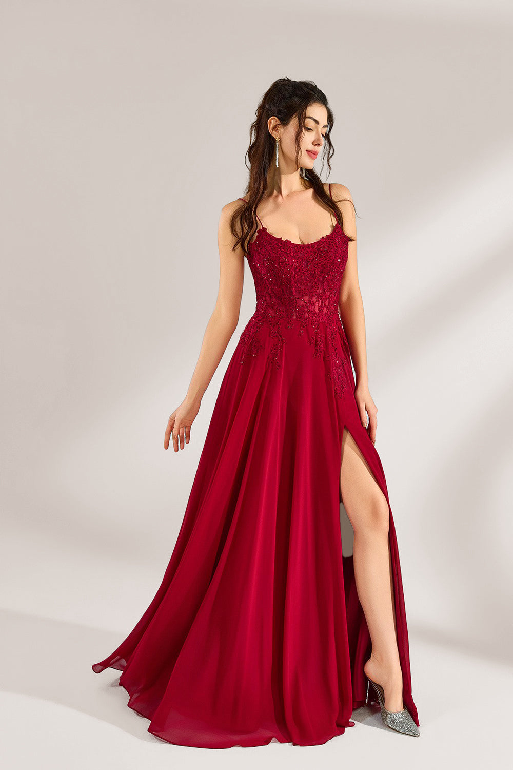 Custom Romantic Spaghetti Strap Lace Chiffon Gown 32947
