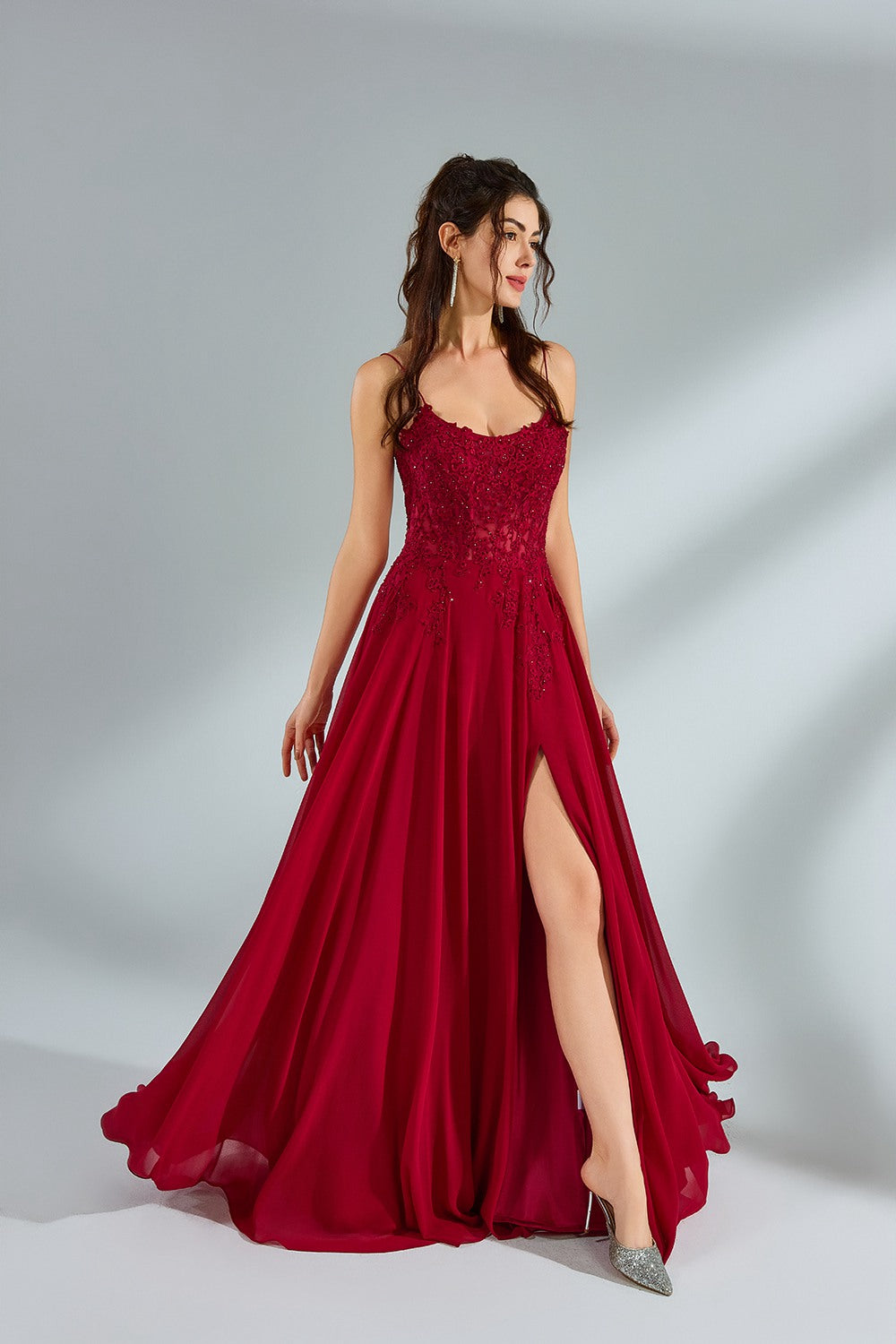 Wholesale Chiffon Lace Petal Slit Prom Dress