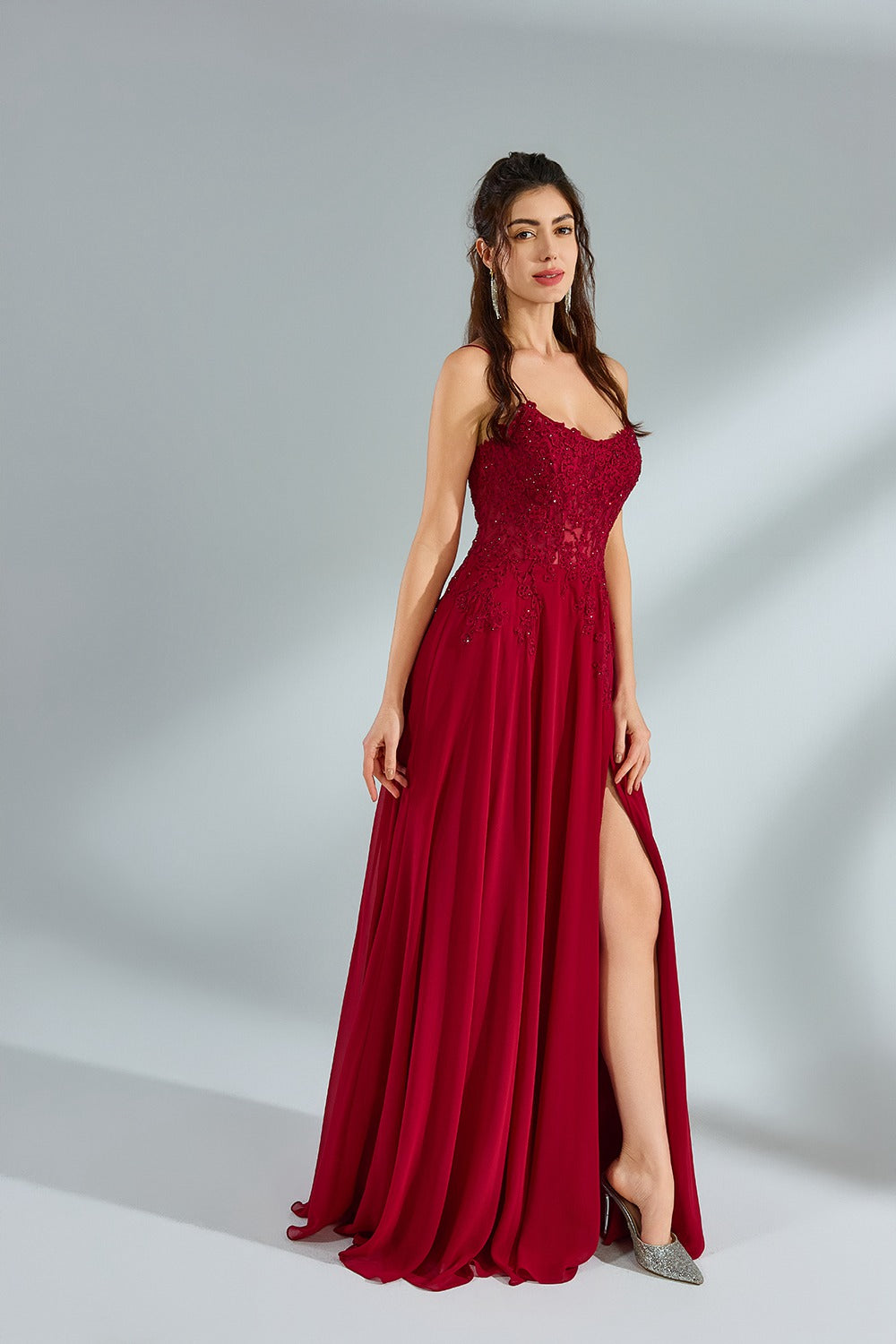Wholesale Chiffon Lace Petal Slit Prom Dress