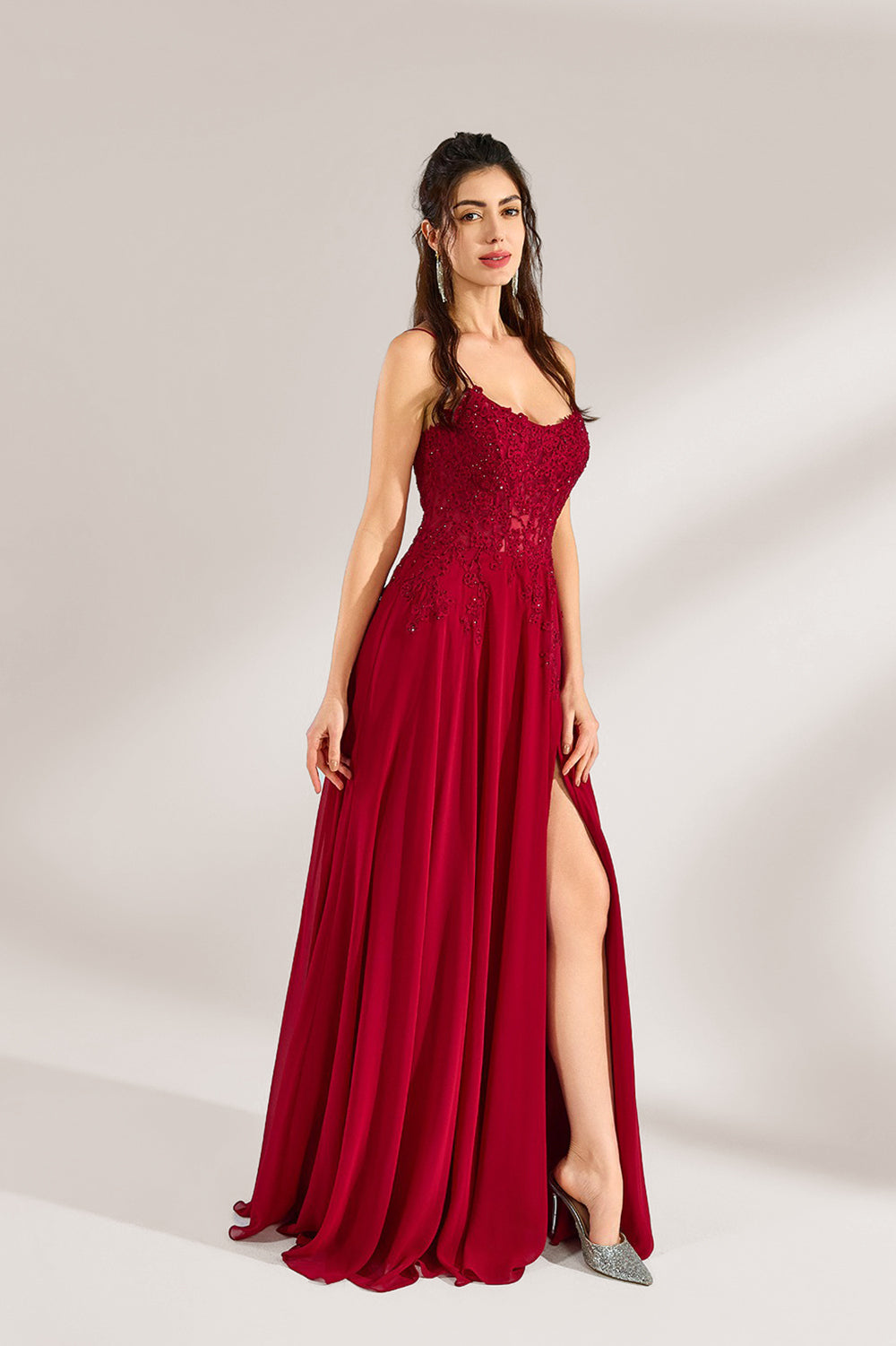 Custom Romantic Spaghetti Strap Lace Chiffon Gown 32947