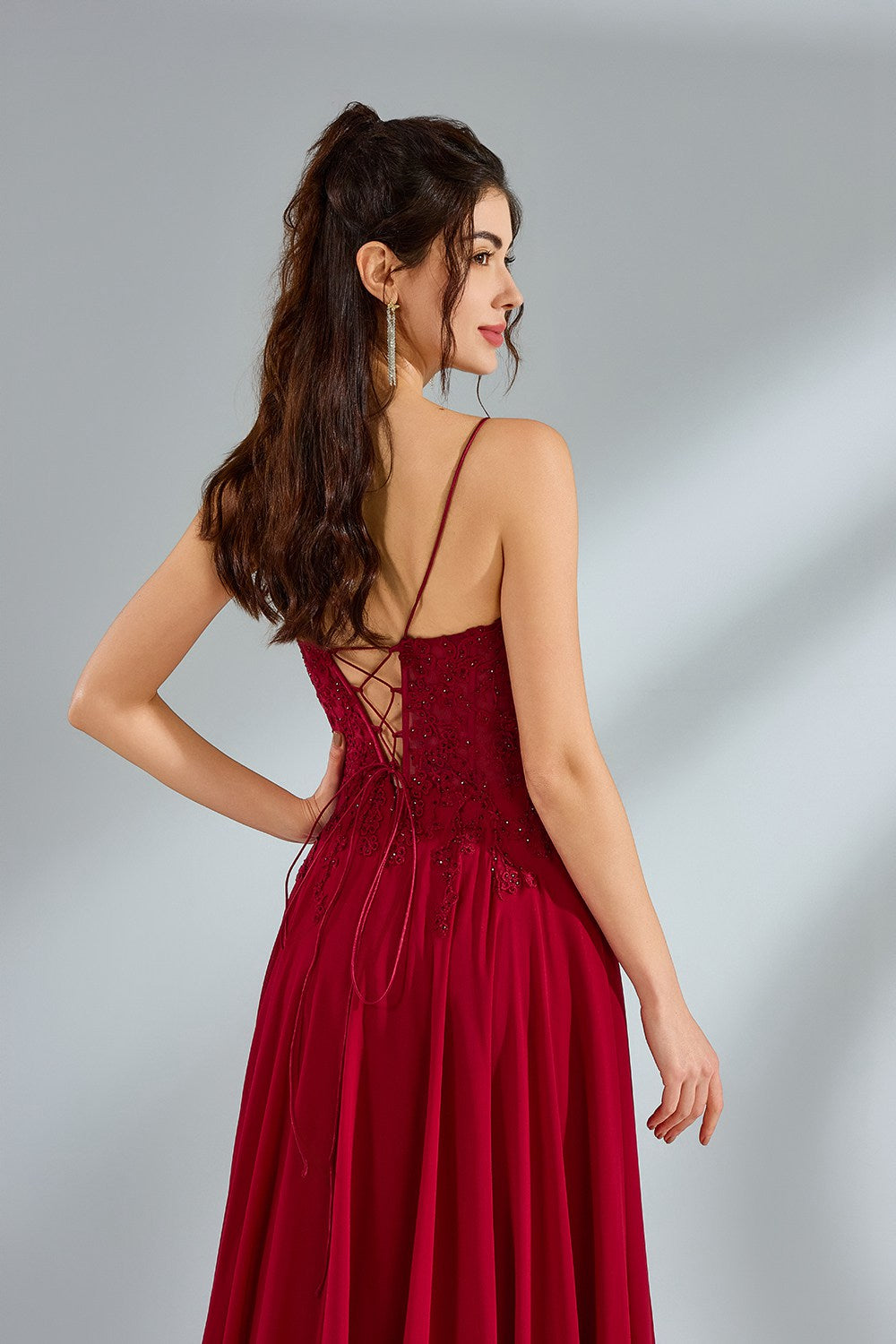 Wholesale Chiffon Lace Petal Slit Prom Dress