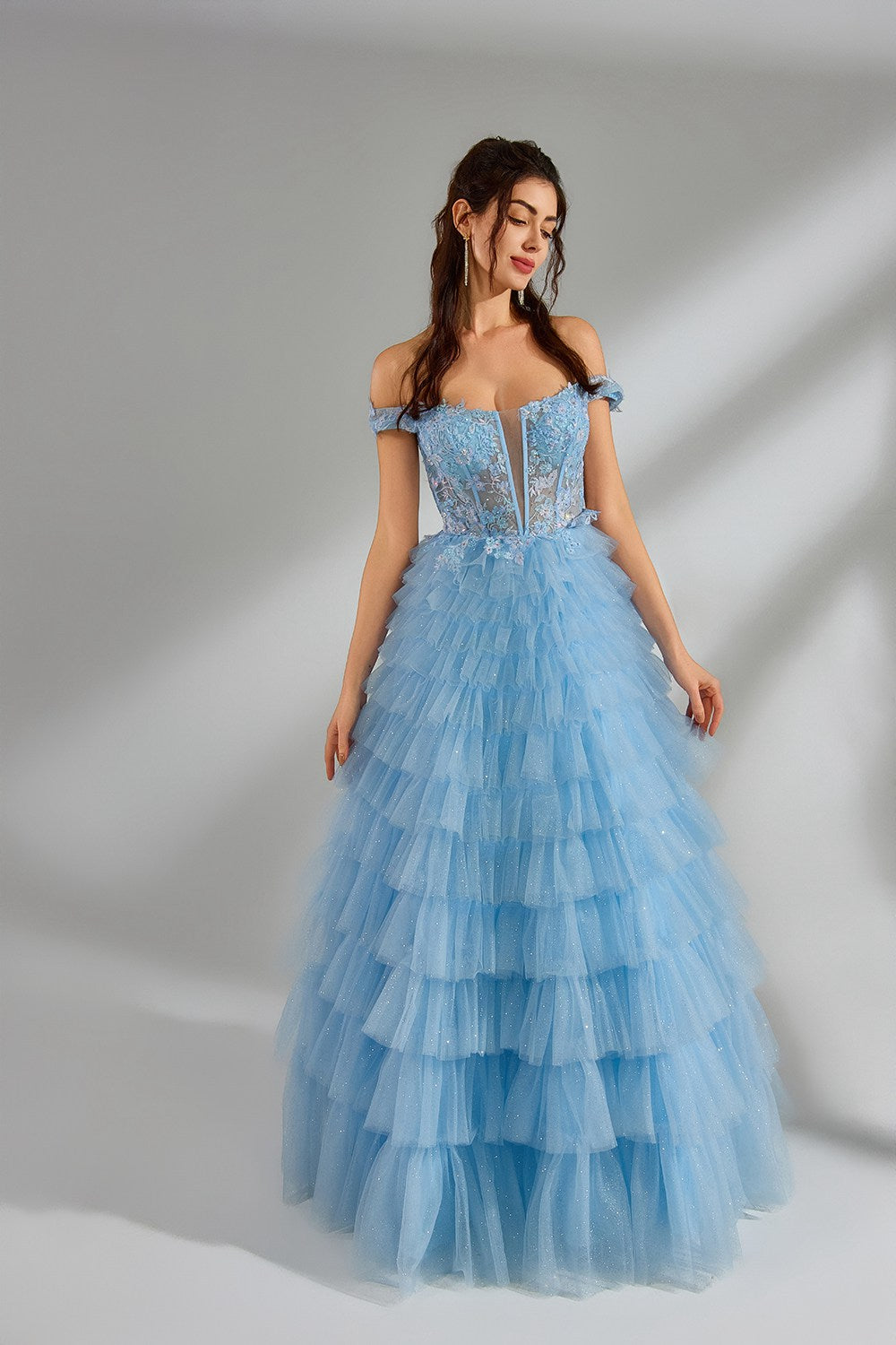 Wholesale Romantic Off-Shoulder Lace Corset Ruffled Tulle Ballgown 32973
