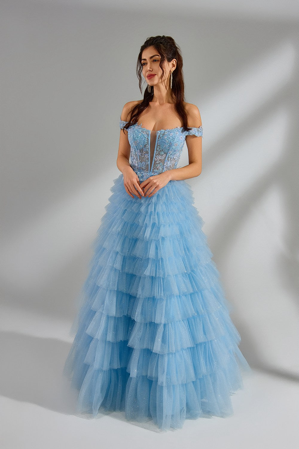 Wholesale Romantic Off-Shoulder Lace Corset Ruffled Tulle Ballgown 32973