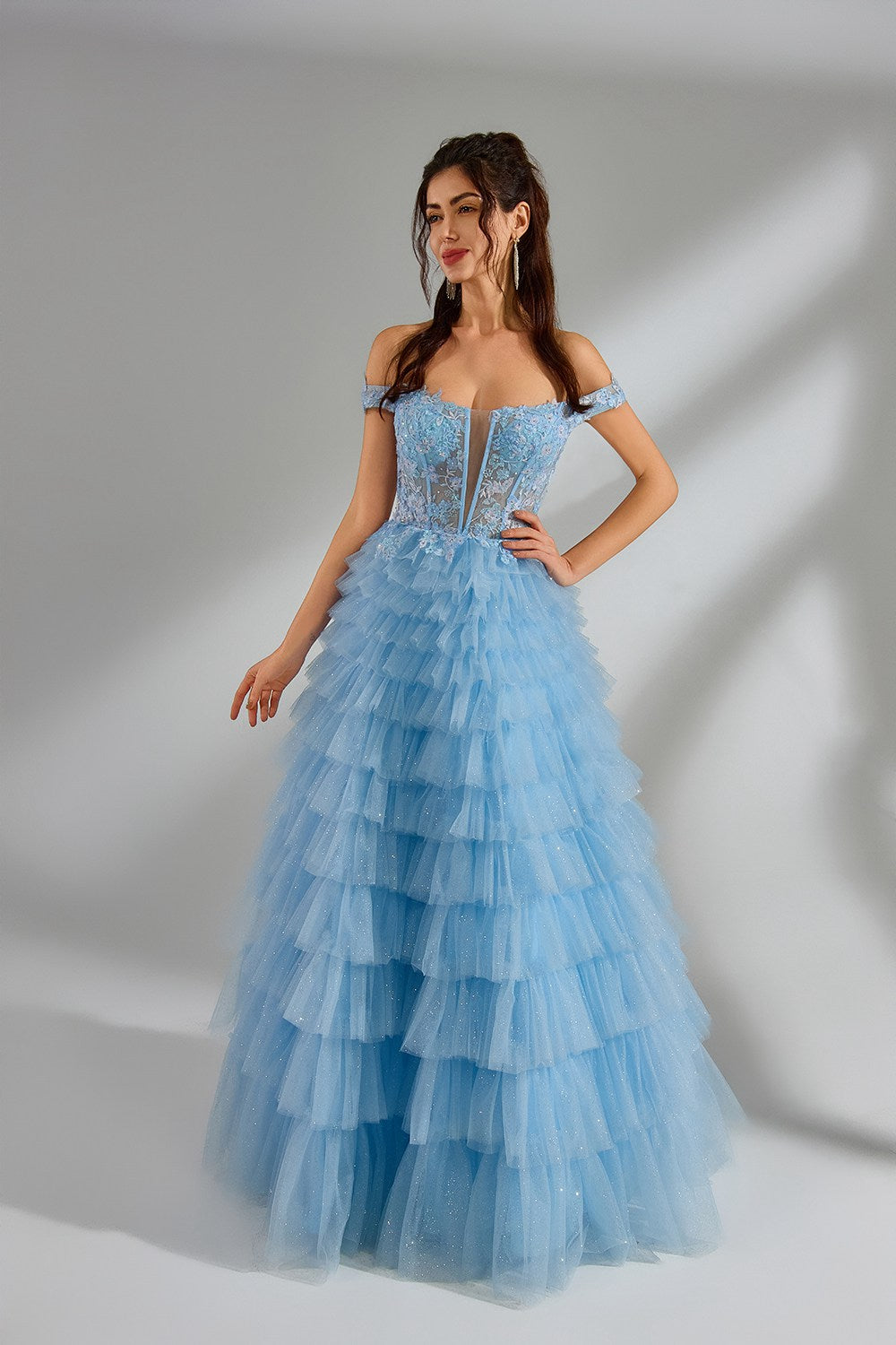 Wholesale Romantic Off-Shoulder Lace Corset Ruffled Tulle Ballgown 32973