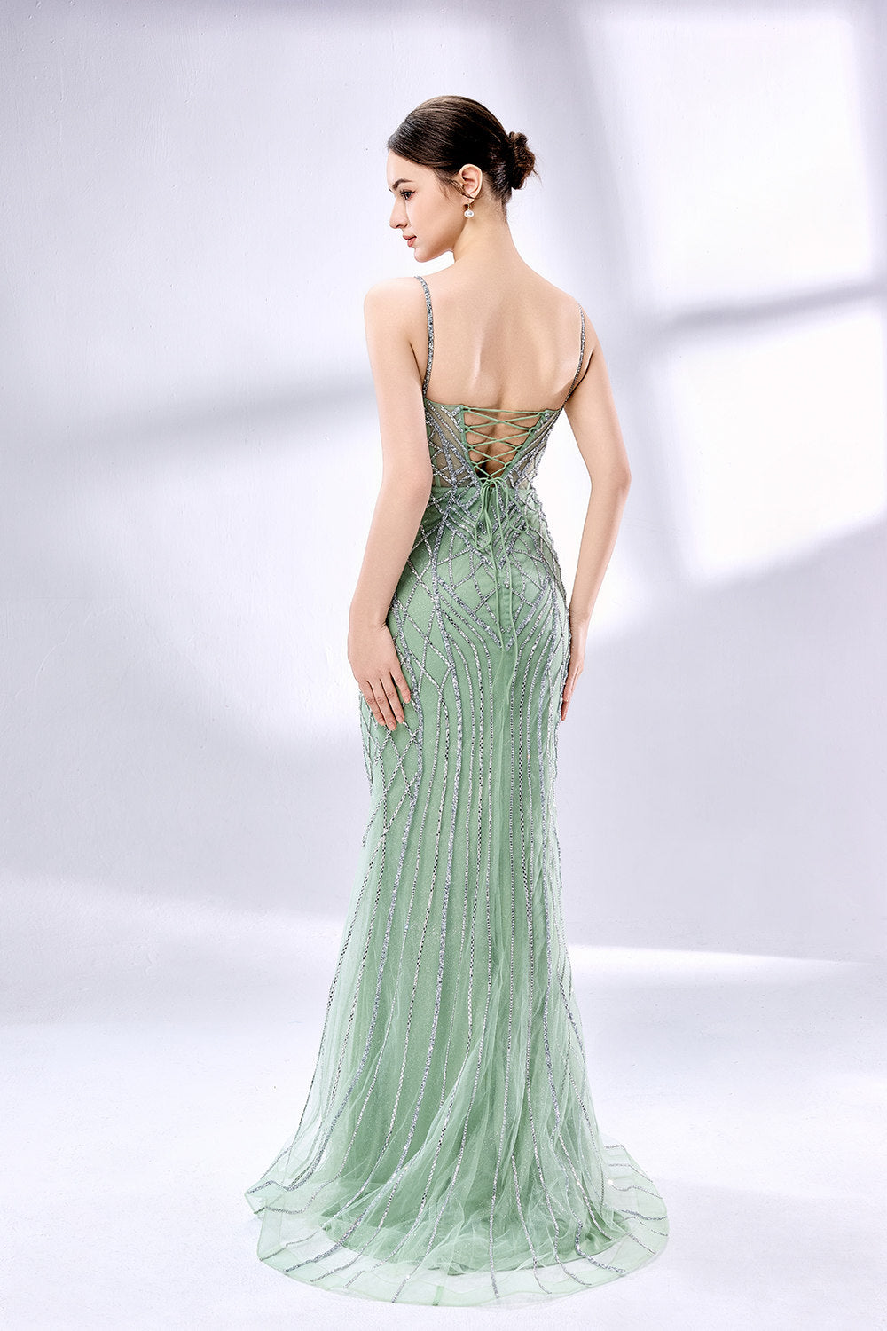 Wholesale Light Green Mermaid Gown with Shimmer Strips 33074