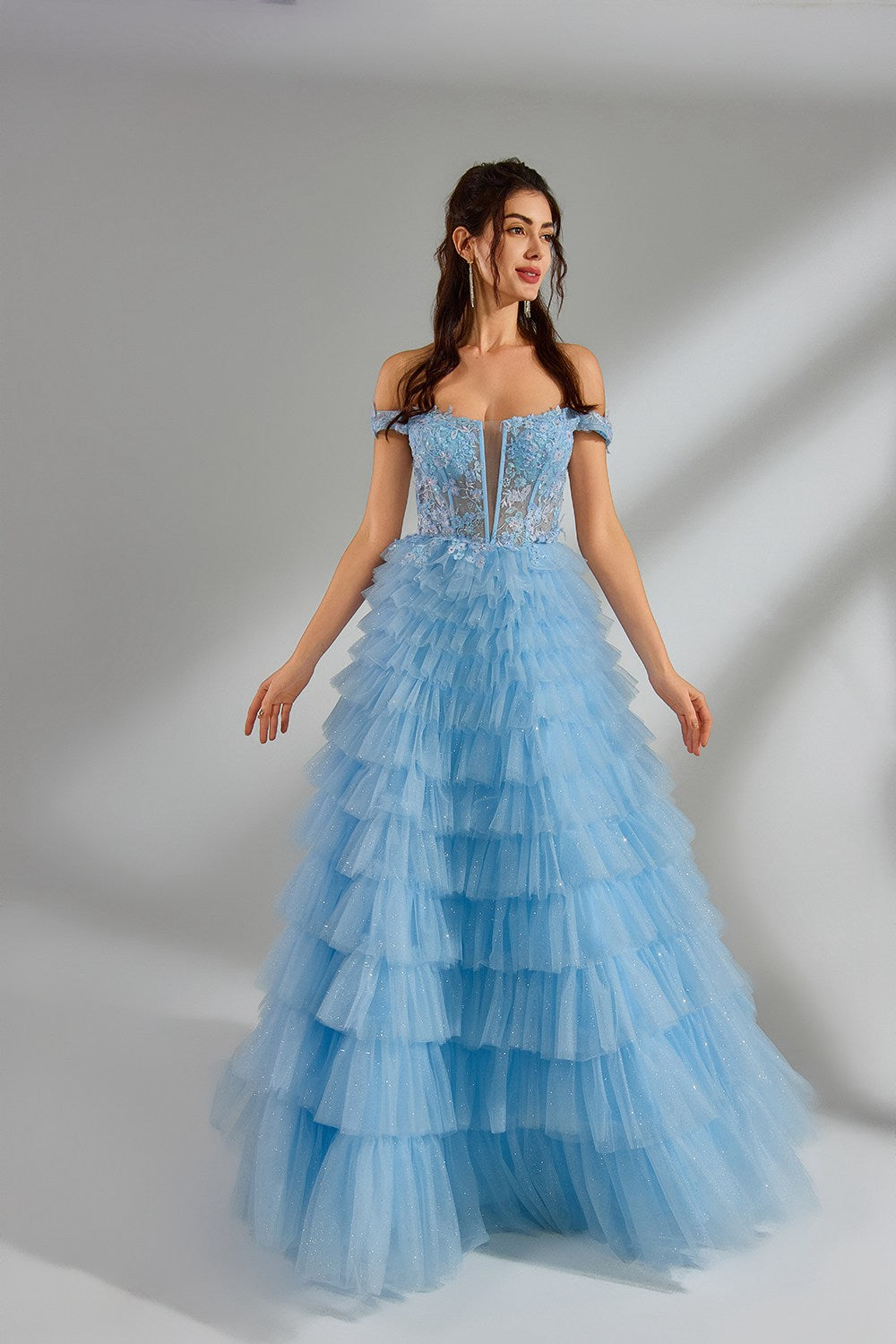 Wholesale Romantic Off-Shoulder Lace Corset Ruffled Tulle Ballgown 32973