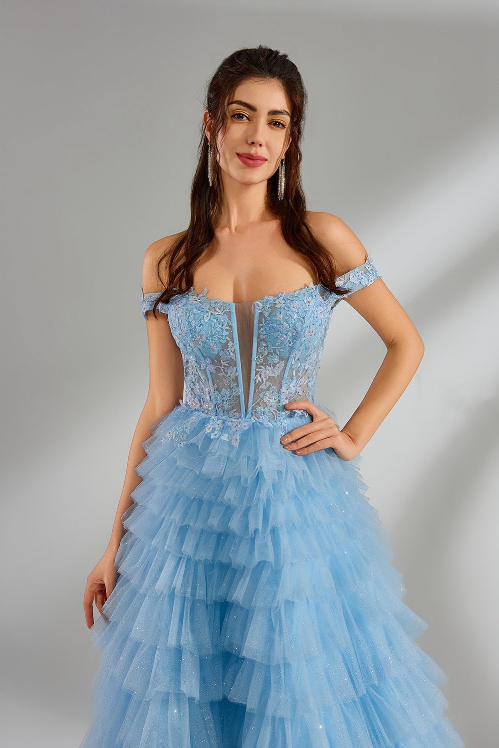 Wholesale Romantic Off-Shoulder Lace Corset Ruffled Tulle Ballgown 32973