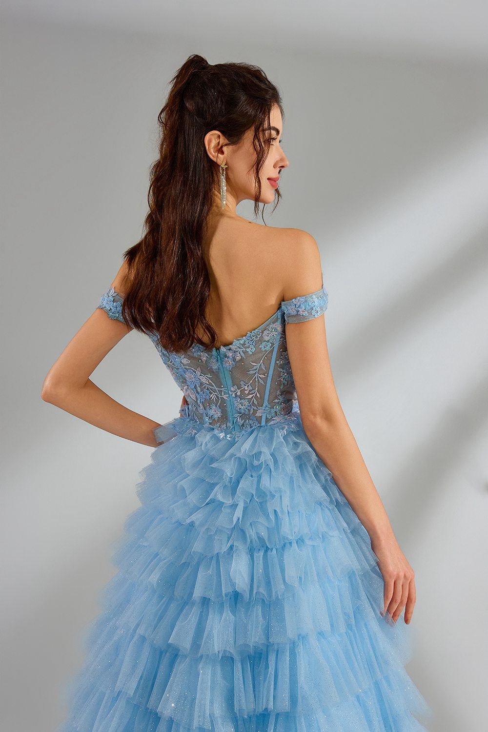 Wholesale Romantic Off-Shoulder Lace Corset Ruffled Tulle Ballgown 32973