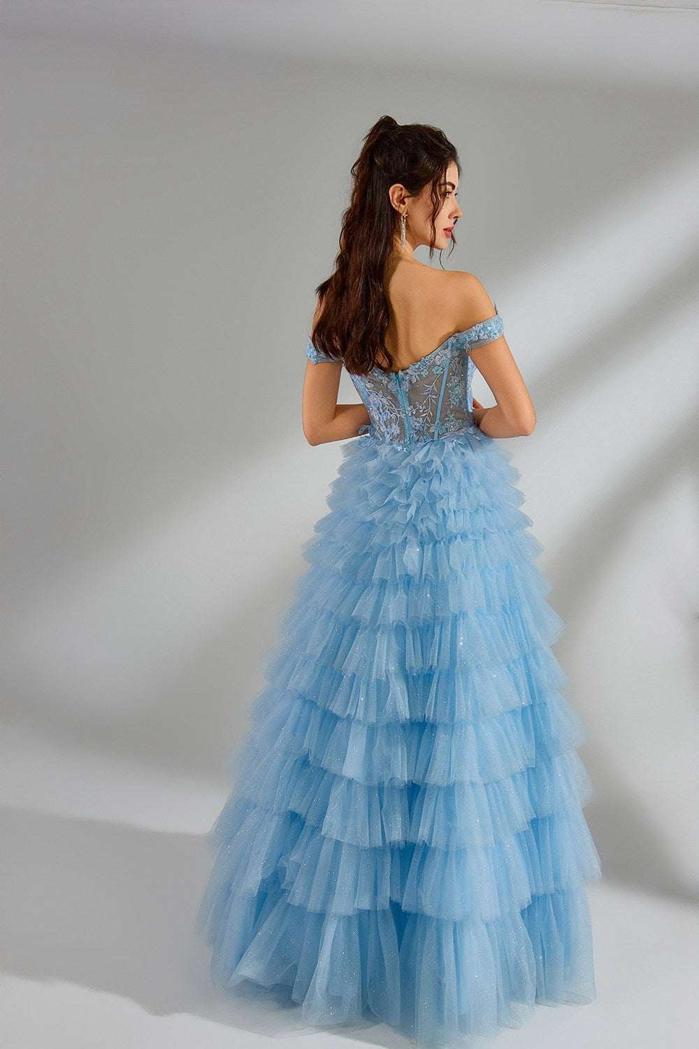 Wholesale Romantic Off-Shoulder Lace Corset Ruffled Tulle Ballgown 32973