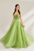 A woman stands against a light background, wearing a lime - green tulle gown. It features thin straps, a deep V - neckline, and intricate lace embroidery on the bodice. The voluminous tulle skirt creates a romantic and elegant look, perfect for formal events like proms or weddings.1