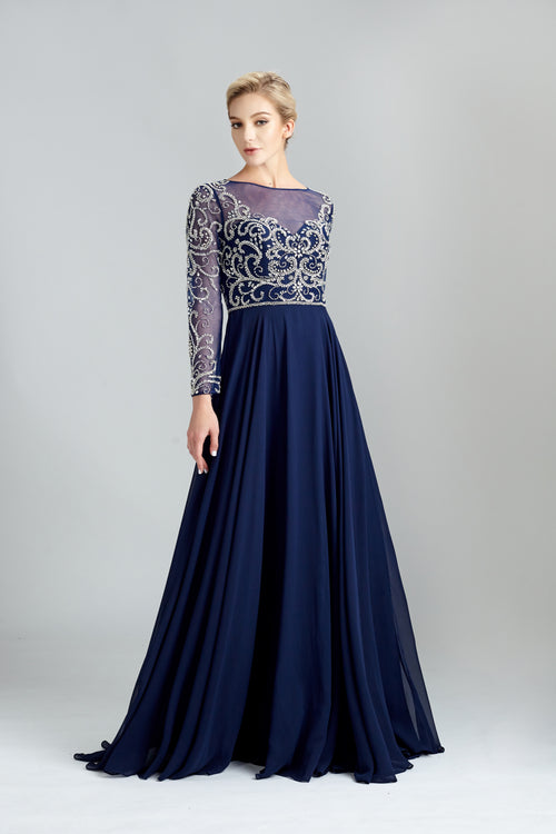 Navy Illusion Neckline Beaded Tulle Long Sleeves A-Line Evening Dress 32540