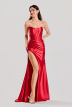 Wholesale Red Satin Strapless Prom Dress with Lace-Up Back D-116C